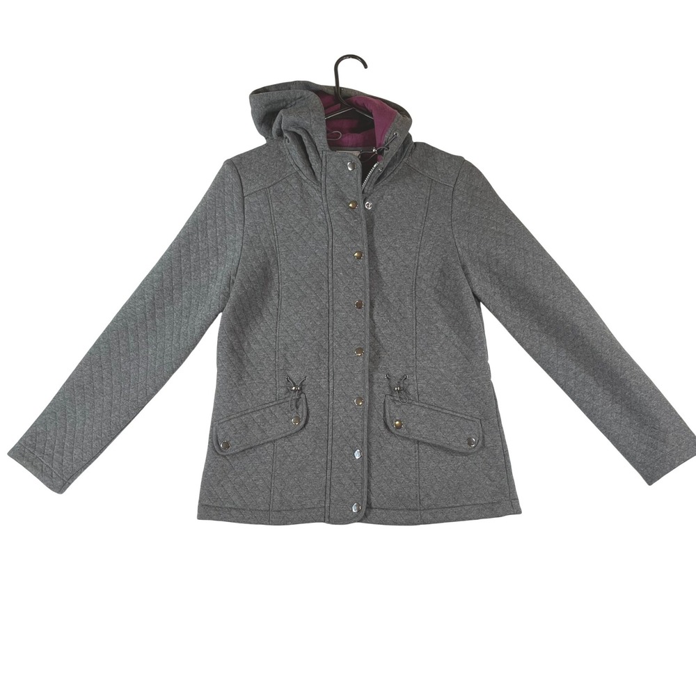 Talbots Jacket Women Small Petite Quilted Hooded Gray Lined Cotton Full Zip
